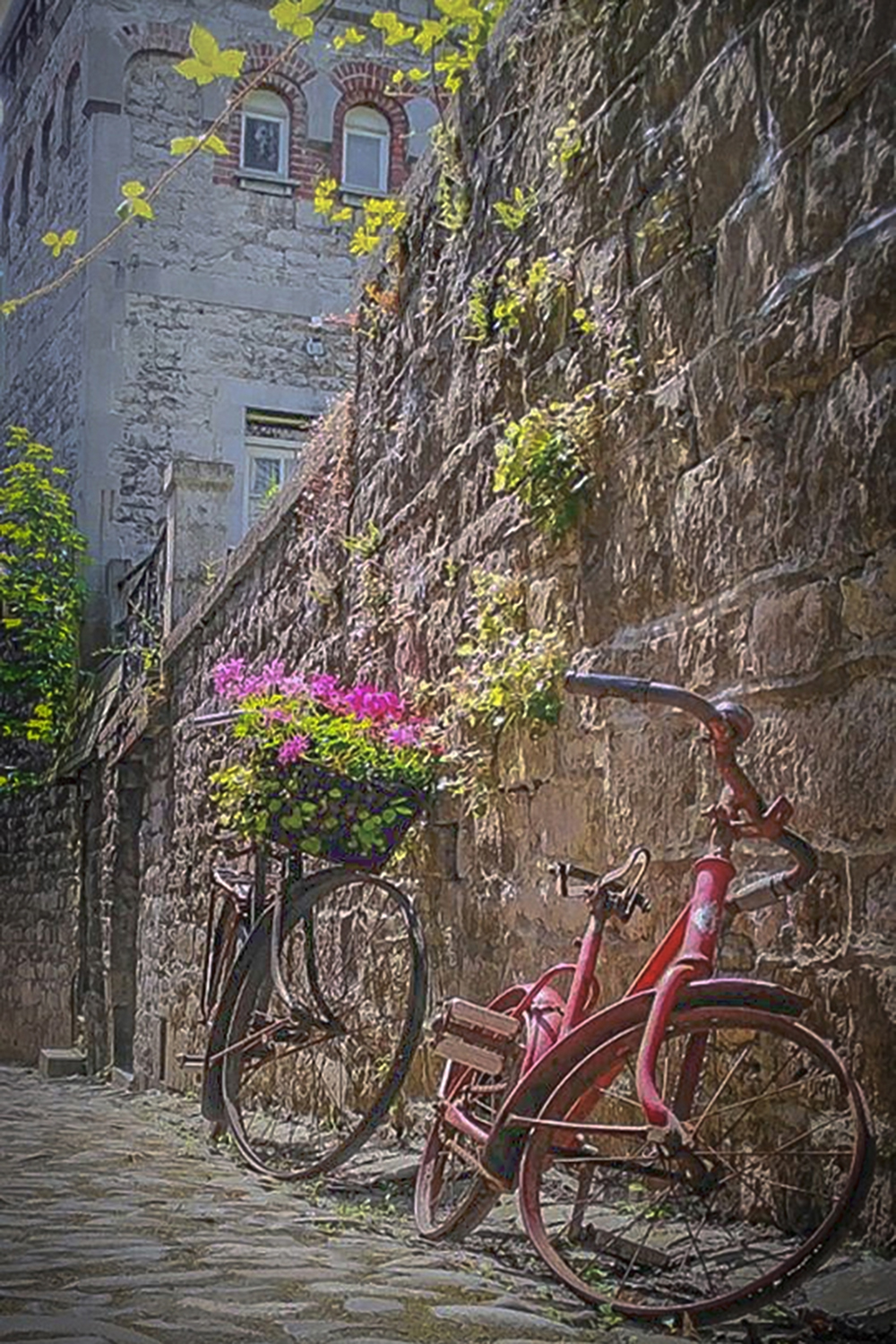 fluit Weggelaten ouder Rode fiets tegen oude muur | Wanddecoratie van Topdrukte! 