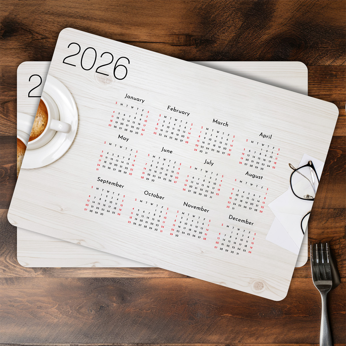 Placemat met kalender 2026 gemaakt van polystyreen