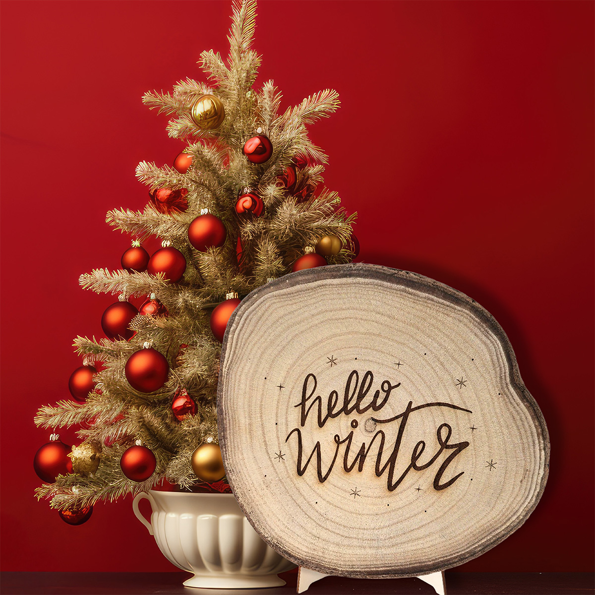 Hello Winter gravure boomschijf bij kerstboom