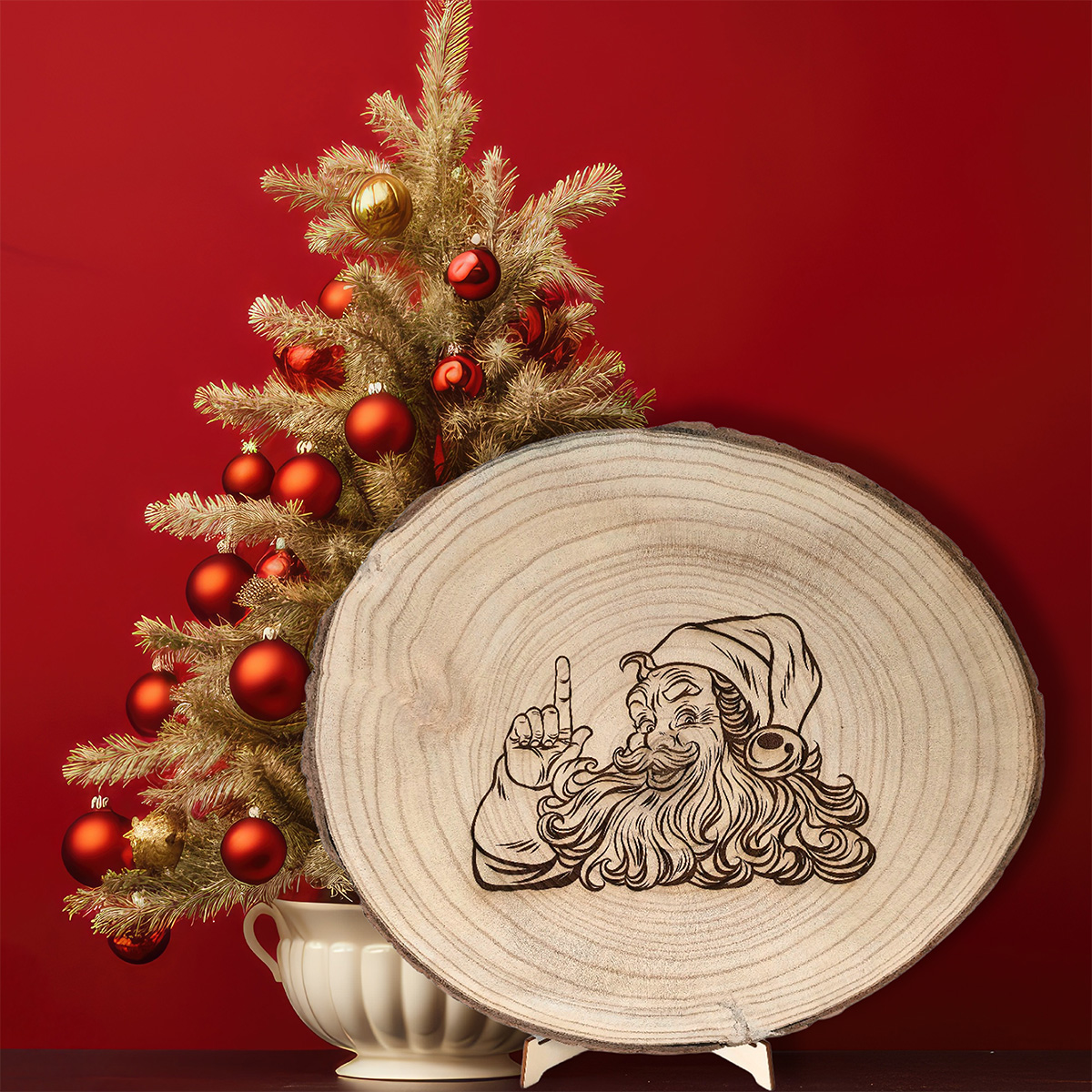 Kerstman gravure boomschijf bij kerstboom