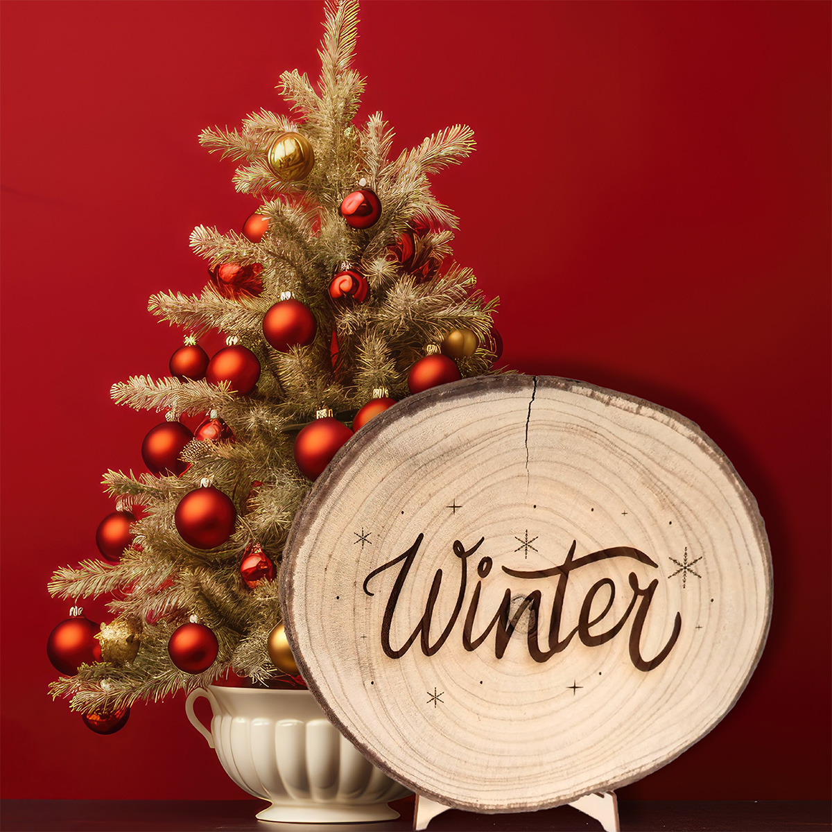 Winter gravure boomschijf bij kerstboom