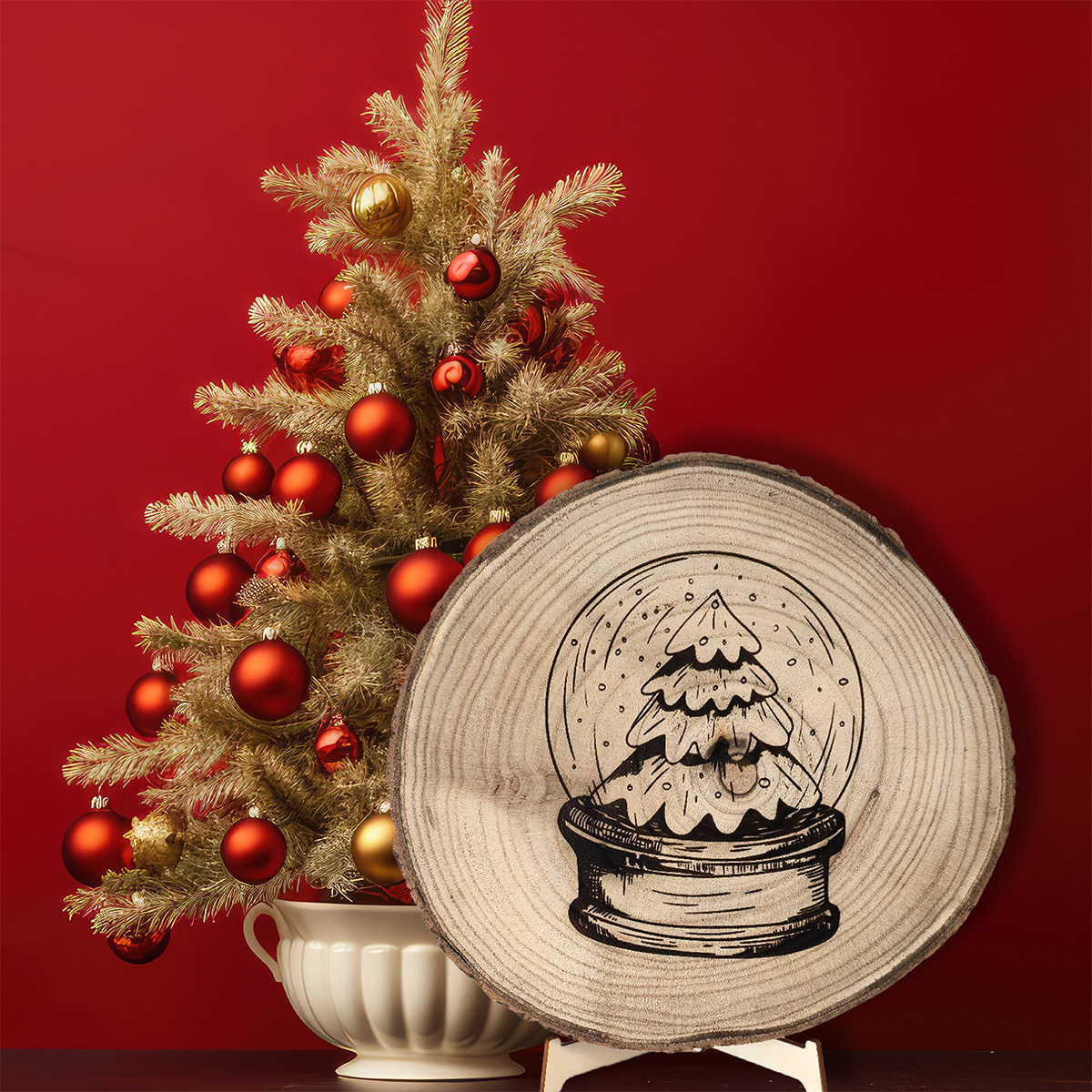 snowglobe gravure boomschijf bij kerstboom