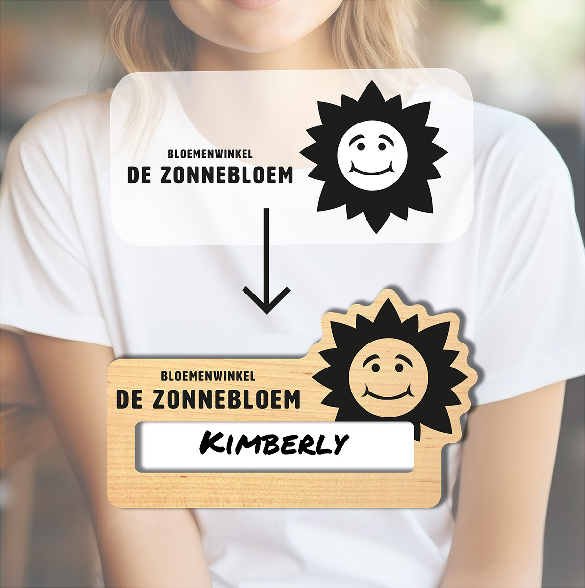 Voorbeeld verwisselbare naambadge in eigen vorm eigen logo vs naambadge met naam