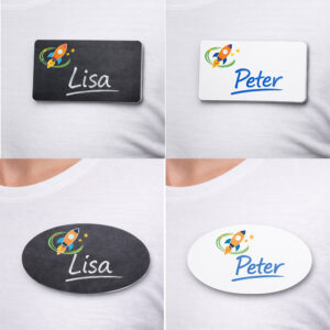 verschillende naambadges met krijtbord of whiteboard folie