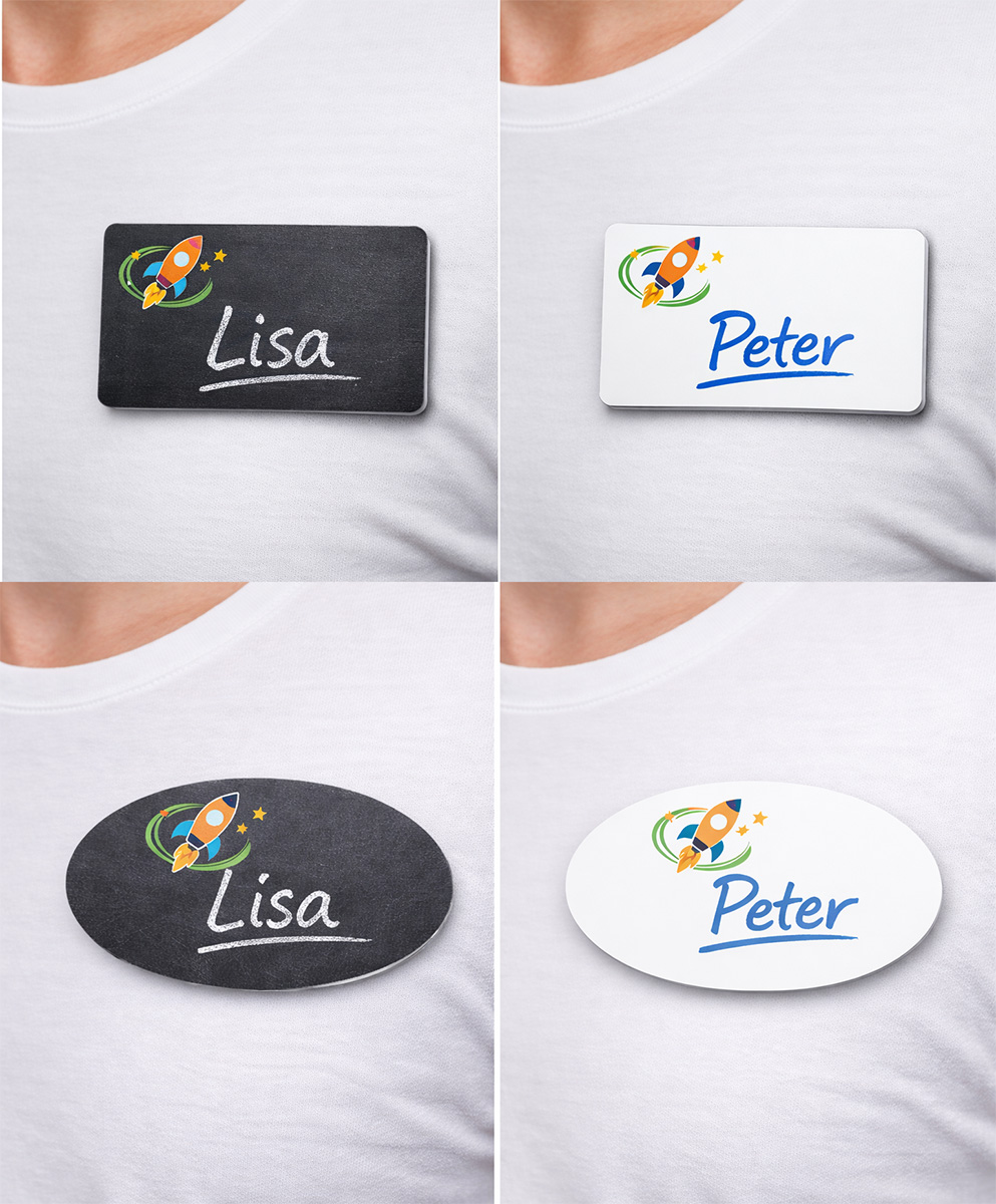 verschillende naambadges met krijtbord of whiteboard folie