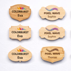 houten naambadges met opdruk of lasergravure