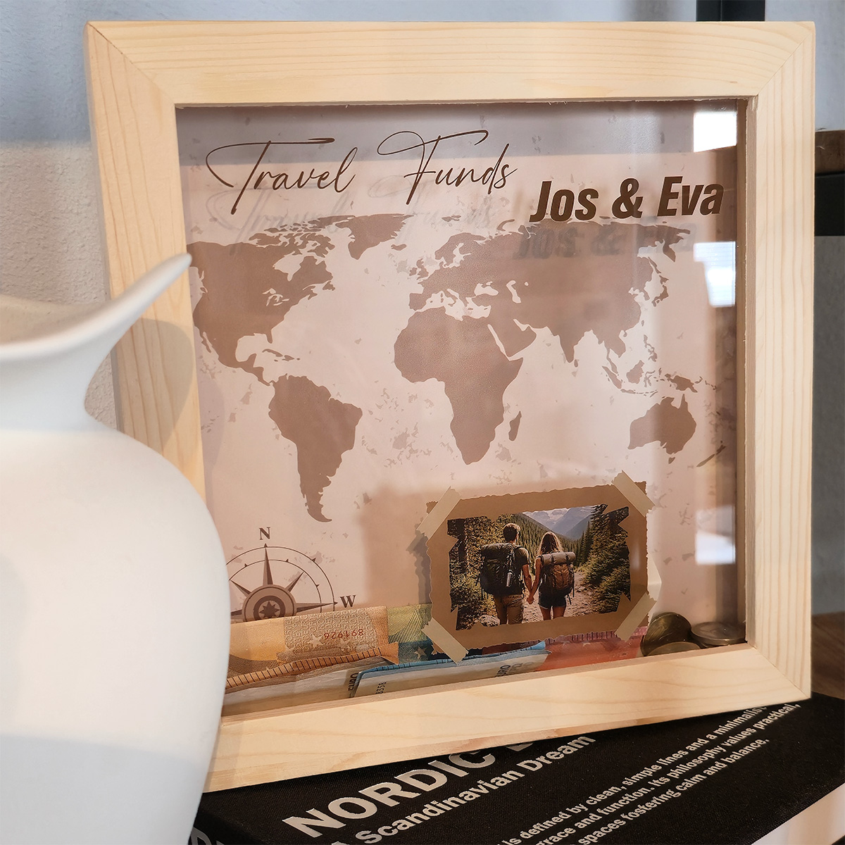 Vakantie Spaarpot met Naam – Gepersonaliseerd Travel Design met Glas
