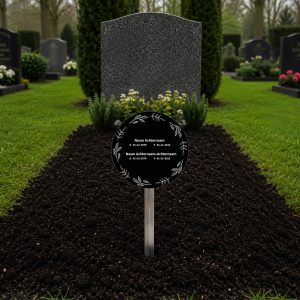 grafmarkeerder rond met bloemen en gepersonaliseerde naam