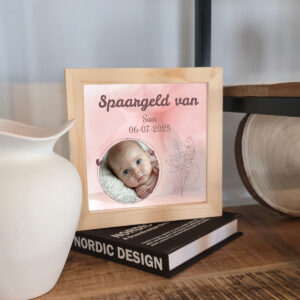 Spaarpot met eigen tekst en foto op plexiglas