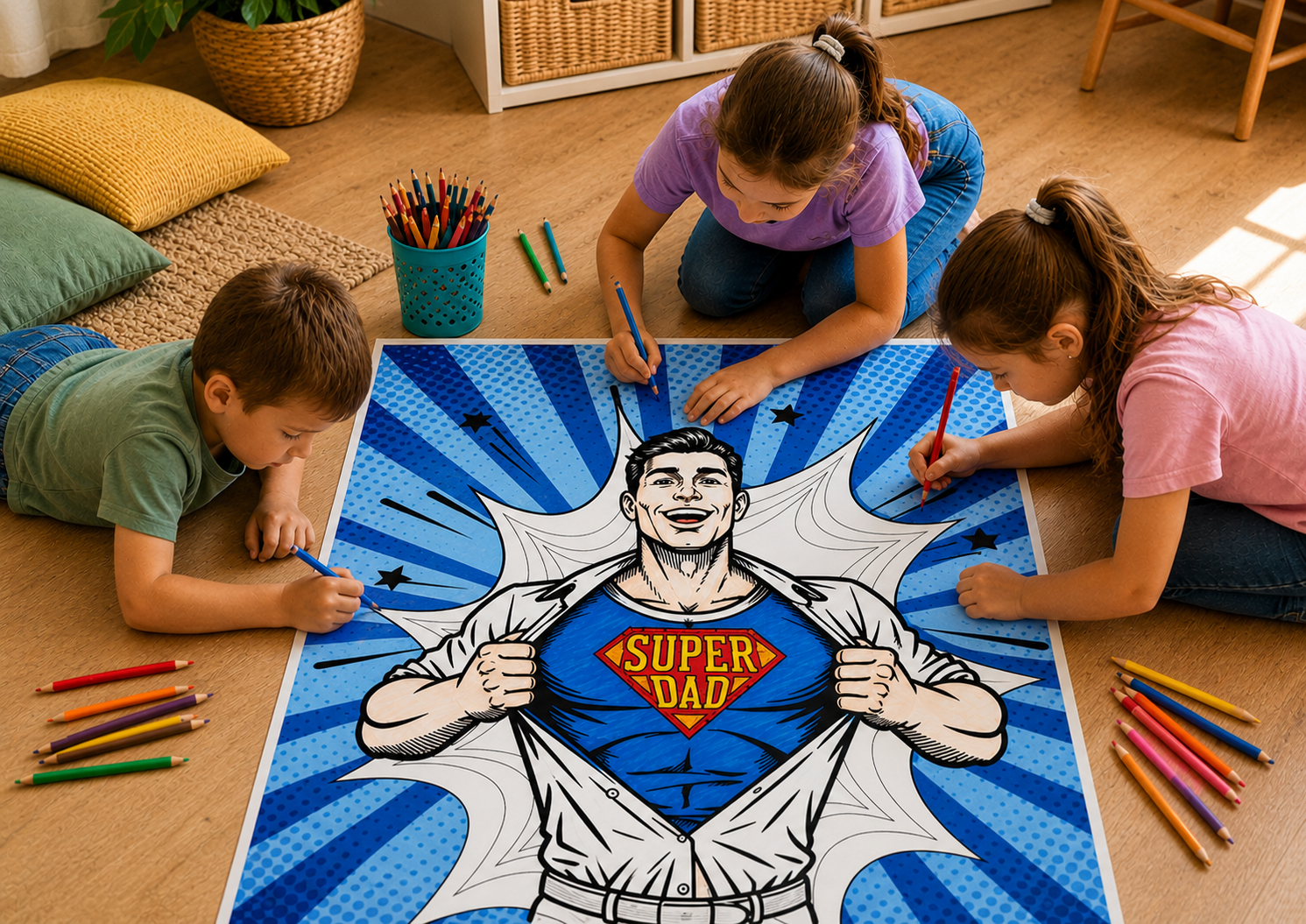 XXL kleurplaat super papa ingekleurd