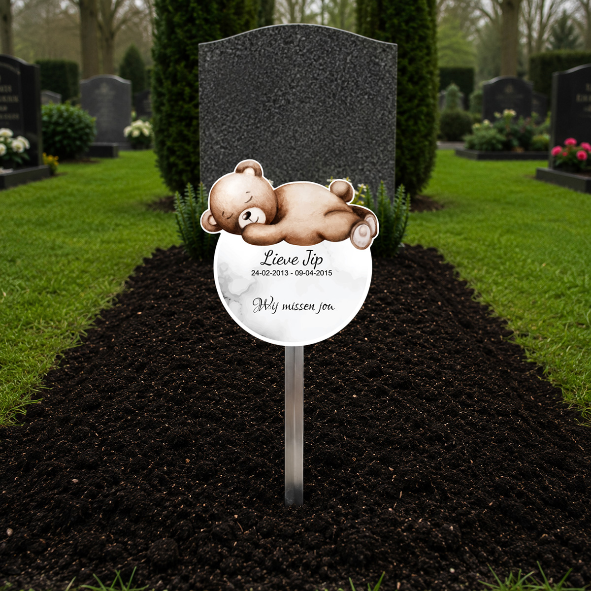 tijdelijke grafmarkeerder. Dibond bordje voor op het graf