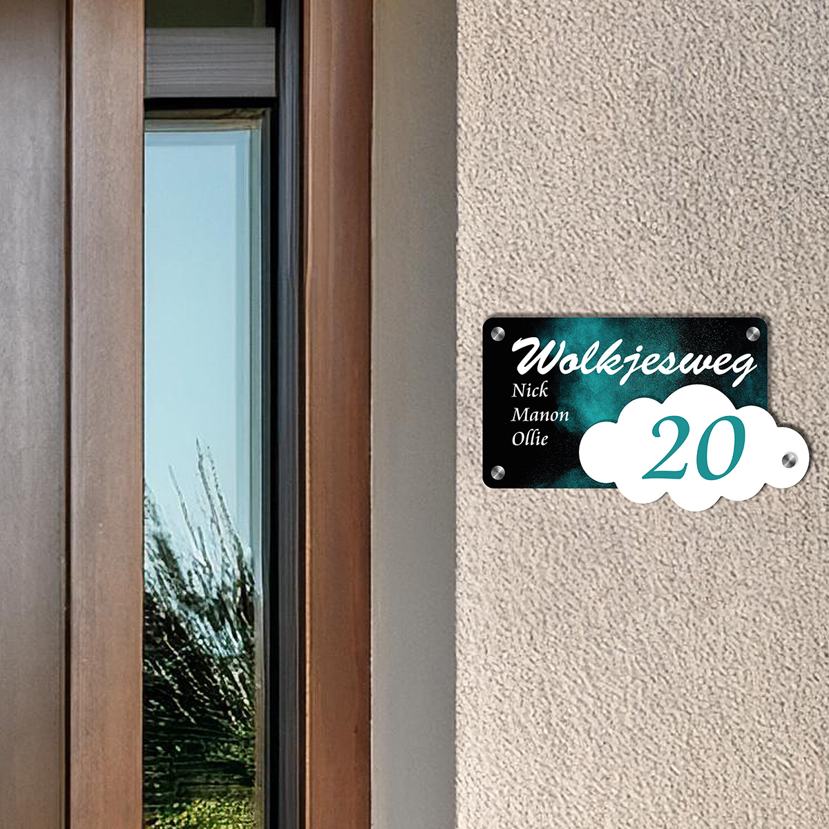 3D naambordje met wolkje gemaakt van dibond en acrylaat. te personaliseren met eigen tekst en achtergrond