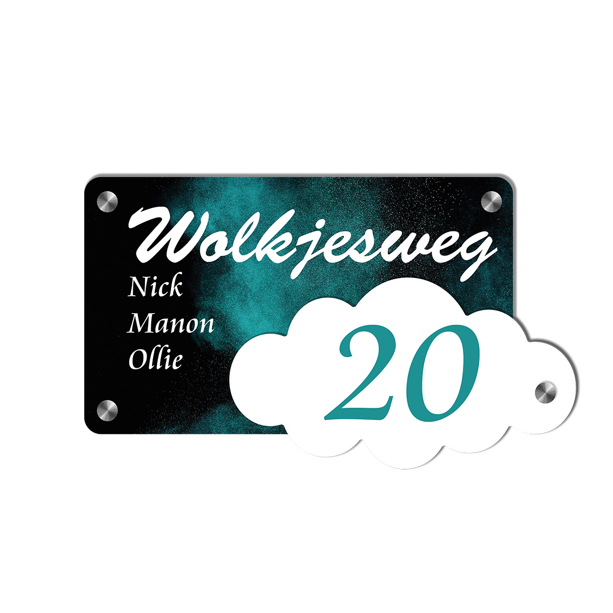 3D naambordje met wolkje gemaakt van dibond en acrylaat. te personaliseren met eigen tekst en achtergrond