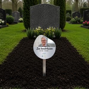 tijdelijke grafmarkeerder van aluminium met eigen foto en tekst