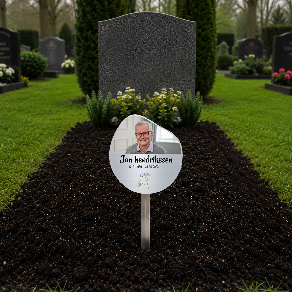 tijdelijke grafmarkeerder van aluminium met eigen foto en tekst