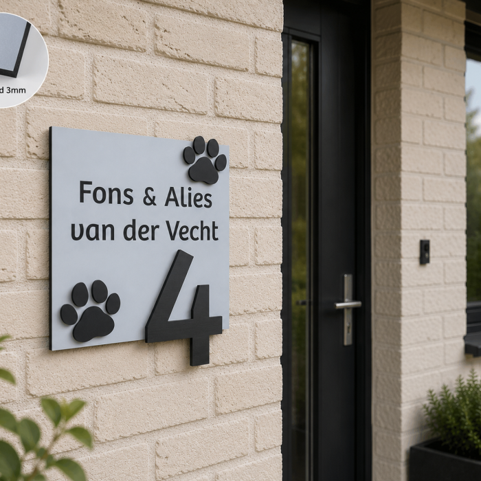 3D naambordje met honden pootje en huisnummer. volledig aanpasbaar naar wens met eigen tekst en of foto